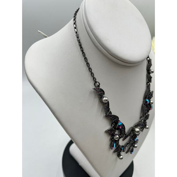 Betsey Johnson Gray Pearl Black AB Rhinestones Gothic Bat Bib Statement Necklace - Picture 11 of 11